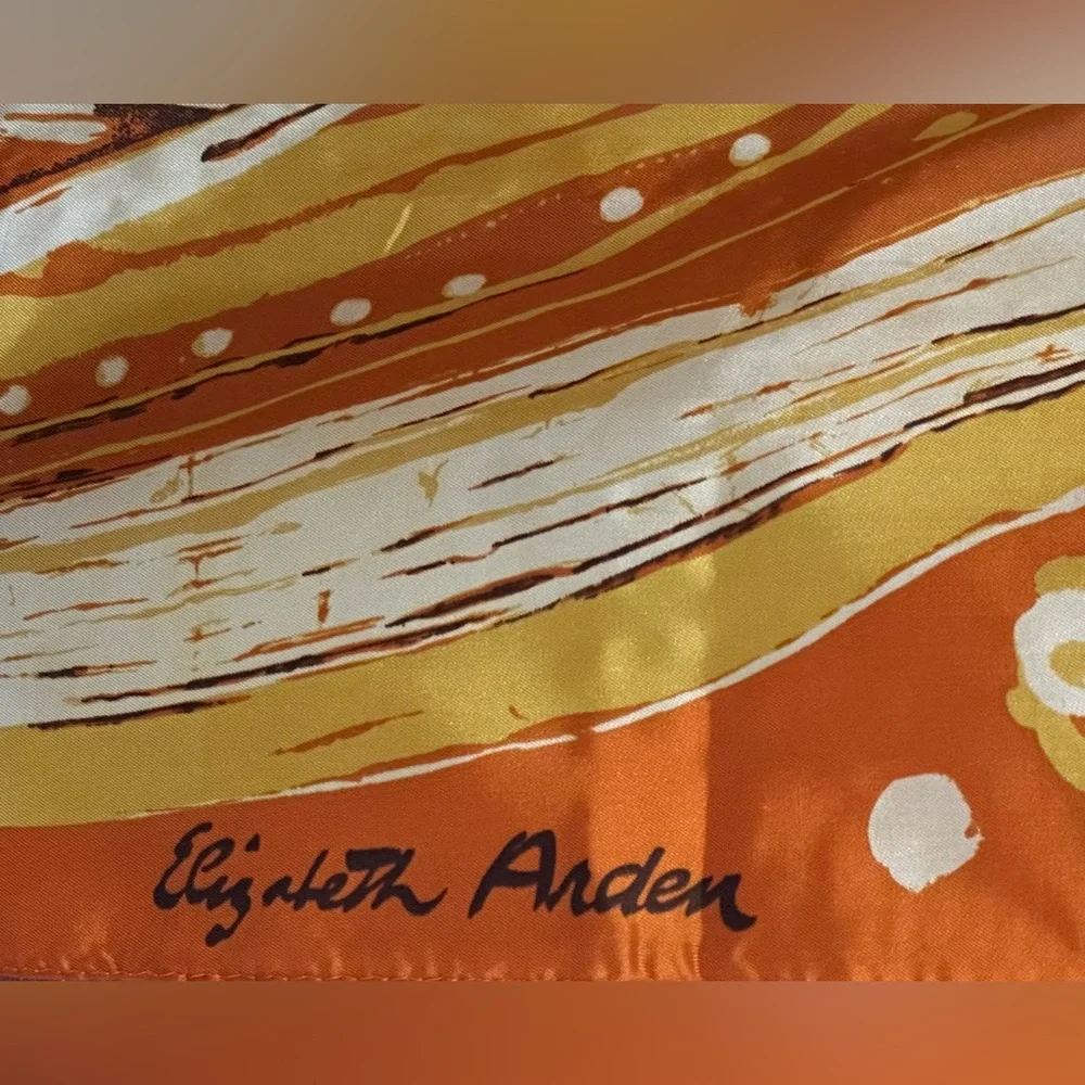 Elizabeth Arden Vintage Orange and Yellow Floral Patterned Silk Scarf